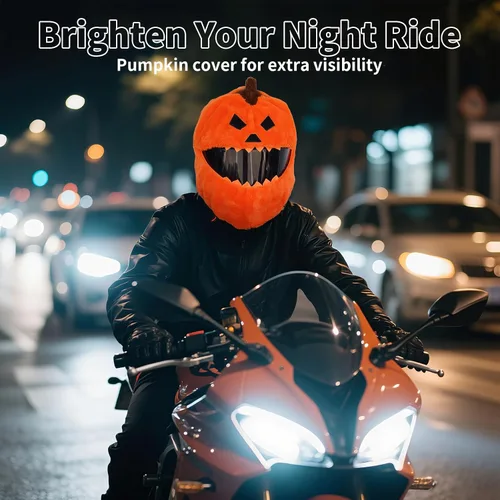 Vista 6 de VCOROS Cubierta de casco de motocicleta de calabaza de Halloween, cubierta de casco de cara completa esponjosa para paseos divertidos