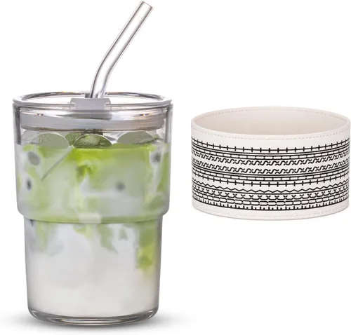Vista 11 de BLUEPOLAR Vaso de Agua de Vidrio de 13oz/400ml con Pajita y Tapa Sellada para Llevar Pared Gruesa Taza de Café Helado Vaso de Vidrio para Agua, Té