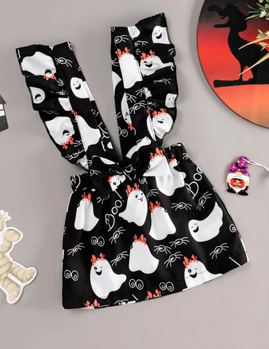 Vista 5 de Conjunto de ropa de Halloween para recién nacido, con volantes, tirantes, calabaza, murciélago, fantasma, falda con diadema