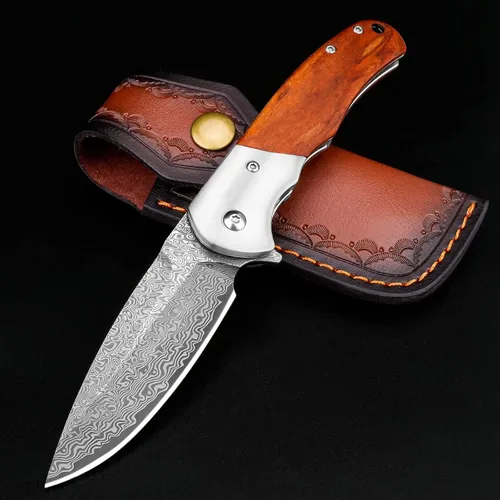 Vista 10 de KOMWERO Cuchillo de bolsillo de damasco, afilado núcleo de acero de Damasco VG10 Hoja DMJN Wood Handle, Folding Knife for Men Women, Pocket Clip