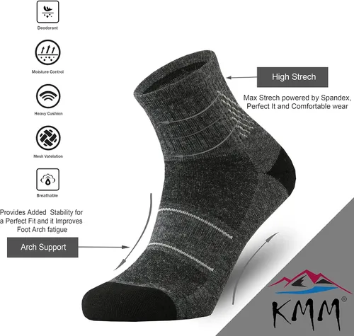 Vista 2 de KMM Calcetines tobilleros de lana merino de corte bajo para hombre, ligeros, con un cuarto de amortiguación, anti ampollas, senderismo, senderismo
