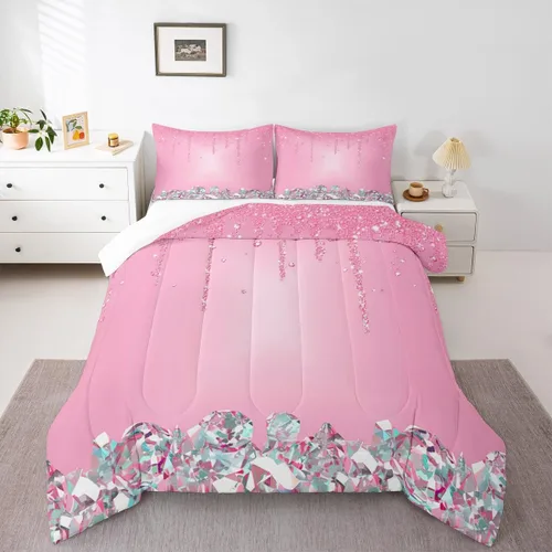 Vista 5 de Castle Fairy Juego de edredón de diamantes geométricos, tamaño matrimonial, juego de ropa de cama con purpurina rosa para niñas, mujeres, adultos