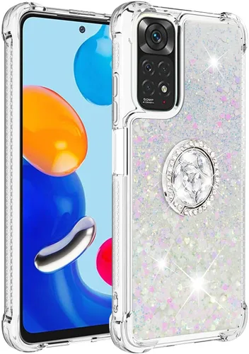 Vista 4 de CCSmall Para Xiaomi Redmi Note 11 4G Clear Glitter Case, Liquid Sparkle Quicksand Flowing Soft TPU Phone Cover con anillo de rotación de diamante