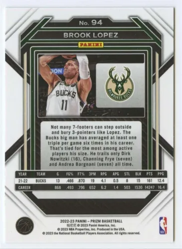 Vista 2 de Basketball Trading Card NBA 2022-23 Panini Prizm #94 Brook Lopez NM Near Mint Bucks