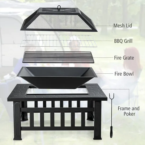 Vista 7 de Giantex Pozo de fuego para exteriores de 32 pulgadas, mesa cuadrada 3 en 1, fogata multifuncional para patio exterior, porche, jardín, estufa