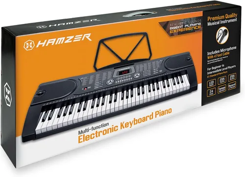 Vista 9 de Teclado de piano electrónico de la marca Hamzer, modelo 61-Key, portátil, con atril, taburete, auriculares y micrófono