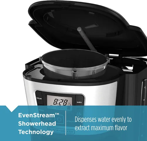 Vista 4 de BLACK+DECKER Cafetera térmica de 12 tazas, negro/plata, CM2035B y molinillo de café con control de botón de un toque, capacidad de frijoles de 2/3