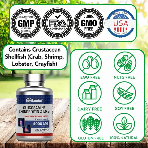 Vista 5 de Cápsulas de suplemento de glucosamina, condroitina y MSM (4000 mg x 240 cápsulas) para hombres y mujeres Potente suplemento de apoyo articular*