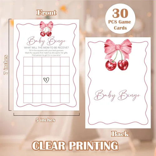 Vista 2 de Cherry Baby Shower - Juego de bingo para 30 invitados con tarjetas de juego, revelación de género, suministros y decoraciones para baby shower (DV35)