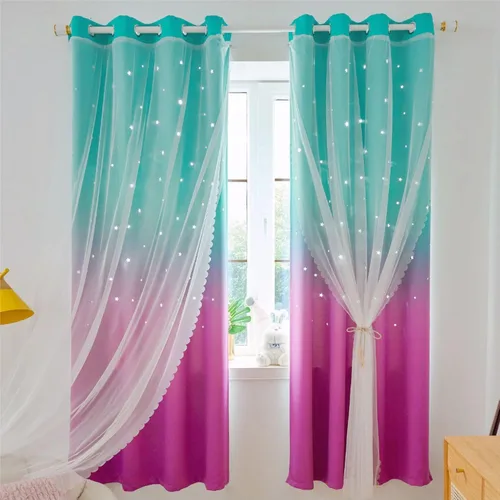 Vista 12 de Anjee Cortinas de estrellas para niñas, estilo recortado, 2 en 1, de doble Azul/Púrpura/Amarillo