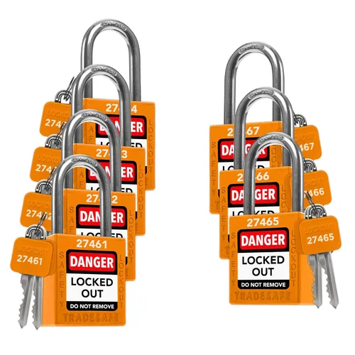 Vista 26 de TRADESAFE Juego de cerraduras de bloqueo - 7 cerraduras de loto rojas, cerraduras de bloqueo con llave diferente, 1 llave por cerradura, candados