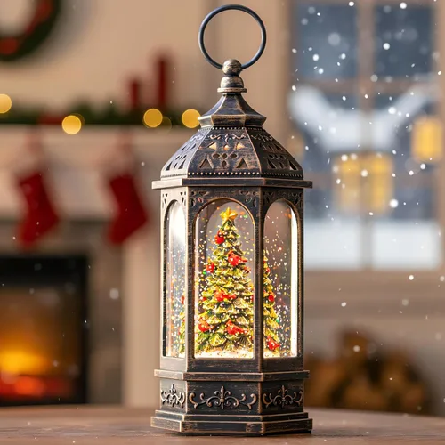 Vista 20 de Gnomos de Navidad de 10 pulgadas, linterna de globo de nieve iluminada, caprichoso árbol de Navidad y elfo escandinavo, linterna de agua musical