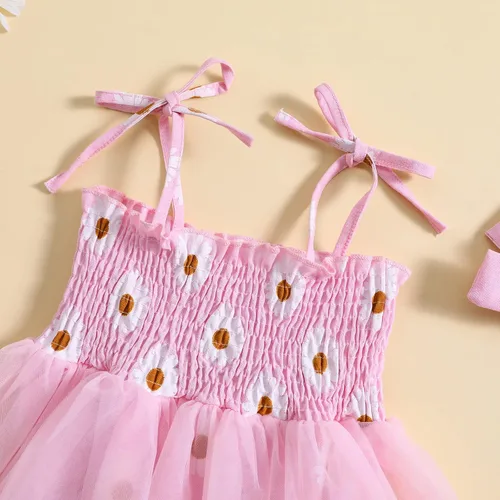Vista 4 de Ropa de verano para bebé recién nacida, sin mangas, con estampado de margaritas, vestido de princesa con diadema
