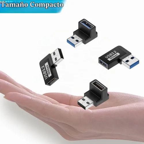 Vista 2 de Paquete de 4 adaptadores USB 3.1 macho a hembra de 10 Gbps de ángulo recto de 90 grados, conector de extensión de cable USB, 4 tipos para PC Paquete
