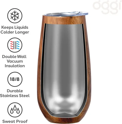 Vista 5 de OGGI Thermo Flute 'Celebrate Collection' - Vaso de copa de champán con aislamiento de acero inoxidable, grano de madera, 6 onzas, con tapa