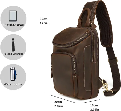 Vista 3 de Lieseh Bolso bandolera vintage de cuero genuino para hombre, bandolera para hombro, pecho, mochila de viaje al aire libre, Café, Vintage