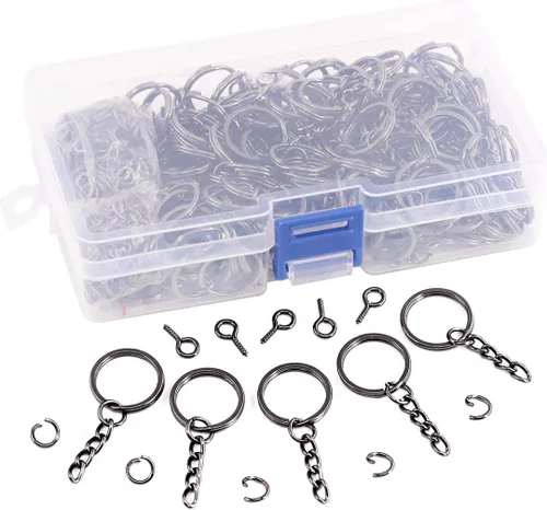 Vista 6 de Swpeet Juego de 450 llaveros planos negros de 4/5 pulgadas de 0.787 in, incluye 150 llaveros divididos con cadena y 150 anillos de salto con 150