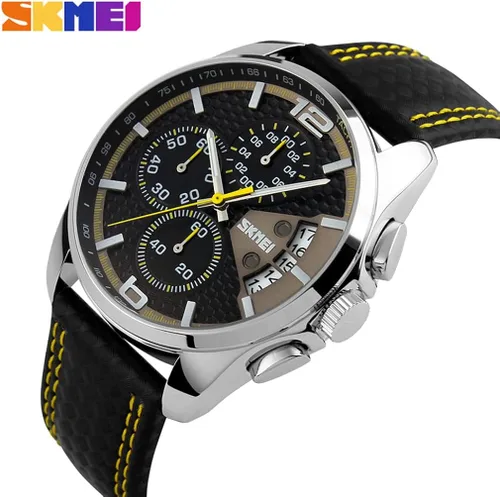 Vista 3 de SKMEI Men Watches Black Leather Band Sports Large Big Face Luxury Waterproof Luminous Fashion Dress Casual Analog Quartz Chronograph Father Gifts