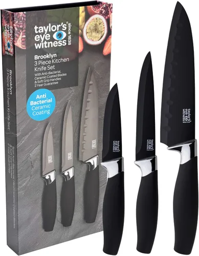 Vista 10 de Juego de 3 cuchillos de cocina de regalo - Brooklyn por Taylors Eye Witness. Refuerzos de color oro rosa, hojas afiladas como navajas finamente
