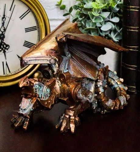 Vista 6 de Ebros Roaring Steampunk - Figura de dragón alado robótico de cobre pintada de resina para amantes de la ciencia ficción industrial, escultura