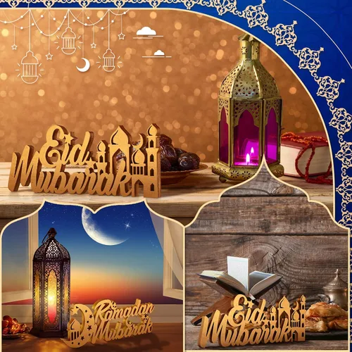 Vista 7 de Letrero de madera de Ramadán Mubarak de 2 piezas, decoración de mesa de madera, estrella luna, mezquita islámica, centro de mesa para decoración