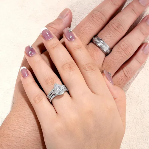 Vista 6 de Newshe Jewellery Juego de anillos de boda para él y ella, anillos de promesa AAAAA para parejas, mujeres, hombres, banda en forma de pera, talla 5-13