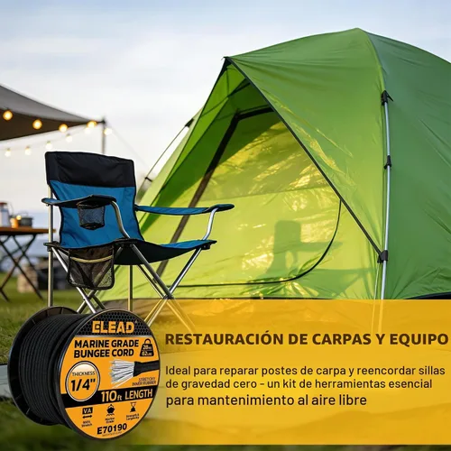 Vista 7 de Rollo de cuerda elástica resistente, cuerdas elásticas de grado marino de 1/4 pulgadas x 110 pies, cuerdas elásticas negras superelásticas, cable
