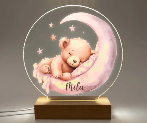 Vista 5 de Osito de peluche rosa luna y estrellas luz nocturna para habitación de niños, luz de guardería, luz personalizada para niñas, regalo para niños