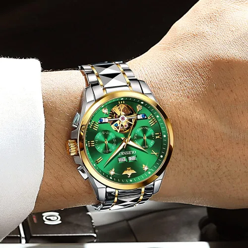 Vista 9 de OUPINKE Relojes automáticos para hombre, con esqueleto de diamante, cuerda automática, reloj de pulsera de lujo, cristal de zafiro, acero