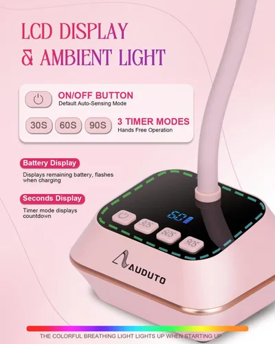 Vista 3 de Lámpara de uñas LED UV para esmalte de uñas de gel, cura flash de 36 W, recargable con cuello de cisne inalámbrico, mini luz de uñas, secadora