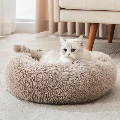 Vista 3 de Cama calmante para perros y gatos, cama antiansiedad, de felpa, con forma de dona, redonda, acolchada, de piel sintética, suave y esponjosa