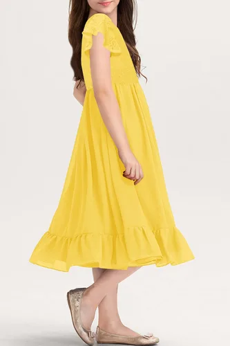 Vista 5 de MITILLY Vestido midi de gasa con volantes y cuello redondo y encaje elegante para niñas