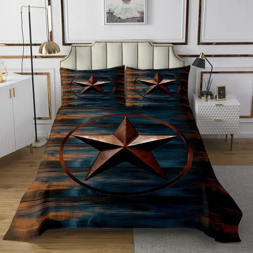 Vista 2 de Colcha acolchada rústica de Texas con estrellas del oeste de Texas para niños y niñas, color azul marino, juego de cubrecama de madera