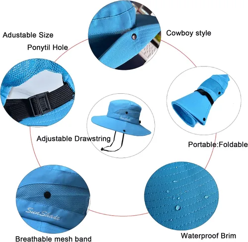 Vista 5 de NPQQUAN 1 y 2 sombreros de sol para mujeres y hombres de 3 pulgadas de ala ancha UPF 50+ sombreros de playa para pesca y pescador