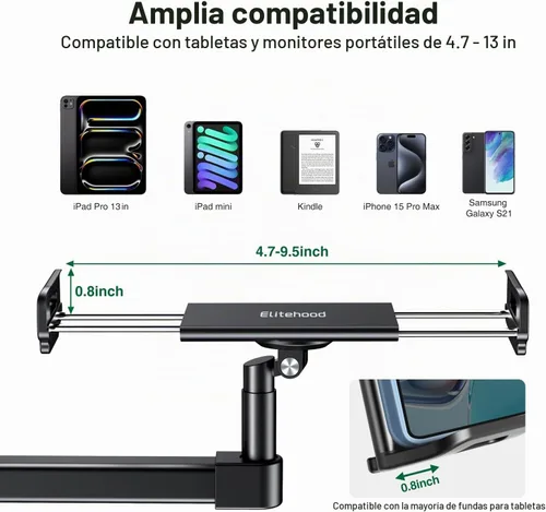 Vista 7 de elitehood Soporte de escritorio para iPad de brazo largo con base de montaje con ojales, soporte de aluminio resistente para tableta, soporte