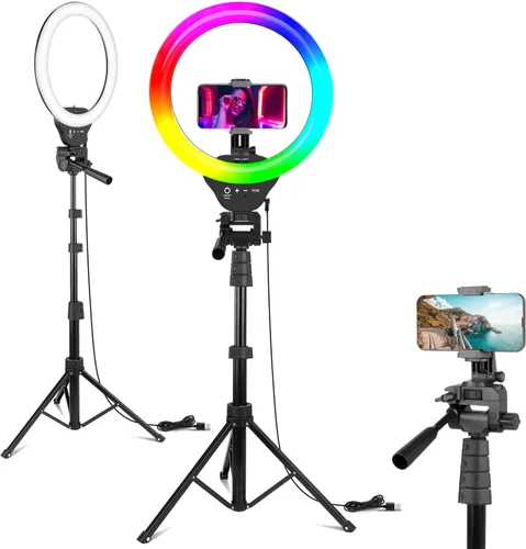 Vista 8 de EICAUS Anillo de luz de 10 pulgadas con soporte y soporte para teléfono, trípode para teléfono celular con luz de anillo y soporte para teléfono