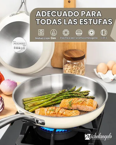 Vista 4 de MICHELANGELO Juego de sartenes de acero inoxidable, 8" 9.5" 11" sartén de inducción, sartenes de cocina de base triple con mango ergonómico
