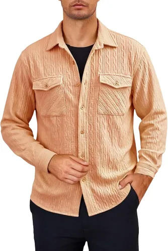 Vista 19 de Camisas con botones para hombre, casual, de manga larga, con cuello jacquard, texturizada, ligera, sobrecamisa, sobrecamisa