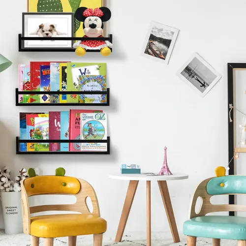 Vista 2 de AZSKY Estantes clásicos para libros de guardería, estantes flotantes de madera negra, estantería de pared para decoración de baño, cocina, especias