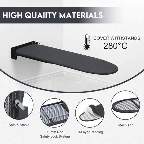 Vista 11 de Tabla de planchar para montar en la pared, compacta que ahorra espacio, tabla de hierro plegable para cuarto de lavado, 36 x 12 pulgadas, color negro