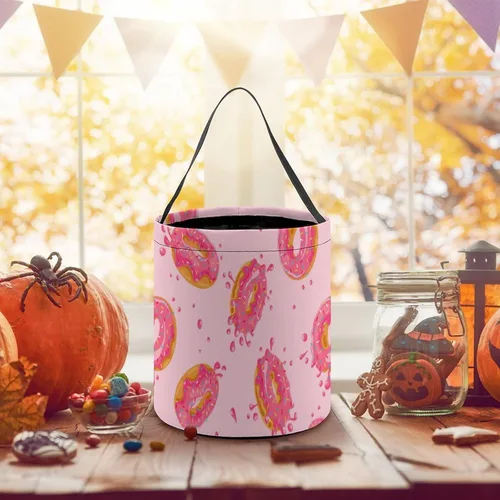 Vista 5 de Bolsas de asas con estampado de rosquillas dulces para Halloween, bolsa de regalo, cesta de caramelos, cubo portátil reutilizable