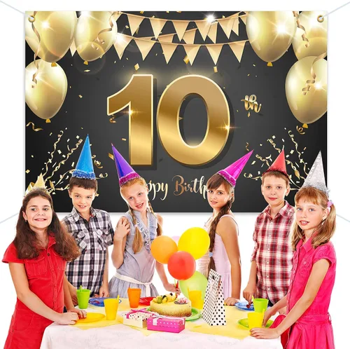 Vista 6 de HAMIGAR Fondo de pancarta de feliz cumpleaños número 10 de 6 x 4 pies, decoraciones de cumpleaños de 10 años, suministros de fiesta para niñas