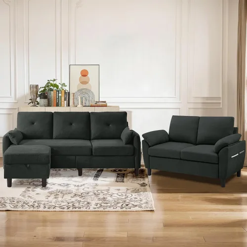 Vista 8 de Juego de sofá seccional, sofá convertible de 77 pulgadas y silla decorativa de 35 pulgadas, sofá pequeño en forma de L de 3 asientos con otomana