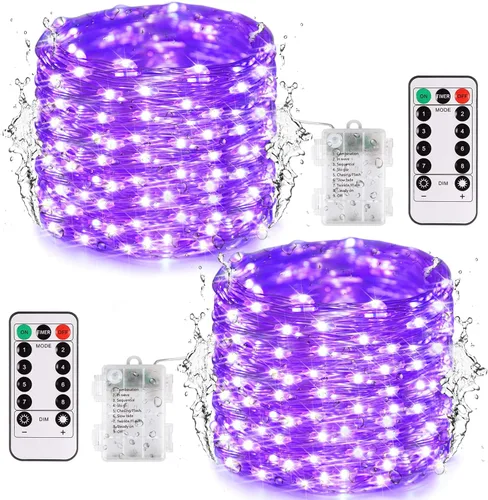 Vista 20 de JMEXSUSS Paquete de 2 Luces de Hadas Verdes a Batería, Total 200 LED 66 pies Luces de Cadena Parpadeantes con Control Remoto, 8 Modos de Luces