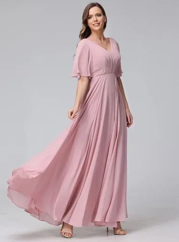 Vista 5 de BEAUTFOR Womens V Neck Batwing Sleeve Ruched Chiffon Bridesmaid Dresses Long Formal Wedding Party Gowns with Pockets BF06
