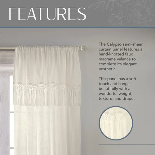 Vista 3 de Elrene Home Fashions Calypso - Cortina para ventana, de algodón semitransparente con borlas de macramé anudadas a mano, con bolsillo para barra, 52