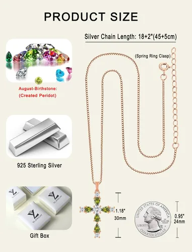 Vista 33 de YL Collar de cruz de plata de ley 925 con colgante de piedra natal religiosa para mujer
