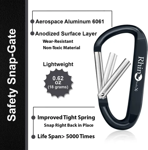 Vista 3 de Rhino Produxs 8PCS Lightweight Snap Carabiner Clips, D Ring Shape 8PCS Keyring Included, Outdoor & Camping, Hiking, Water Bottle Hook