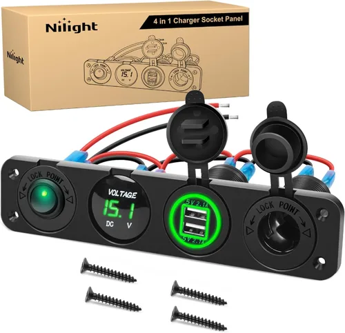 Vista 12 de Nilight - Panel de enchufe de salida 4 en 1, 12V CC, 4.8A, voltímetro LED, interruptor basculante de encendido y apagado con luz, encendedor