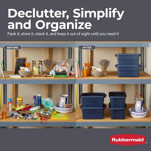 Vista 6 de Rubbermaid Roughneck Tote de 3 galones, paquete de 6, fabricado en EE.UU., índigo oscuro metálico, contenedores de almacenamiento de plástico